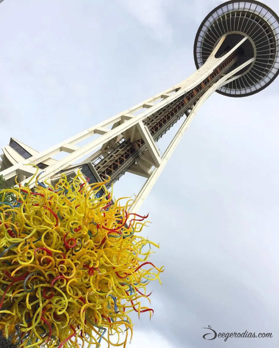 SEATTLE: At the Chihuli Garden & Glass Exhibit with the Space Needle at the back.