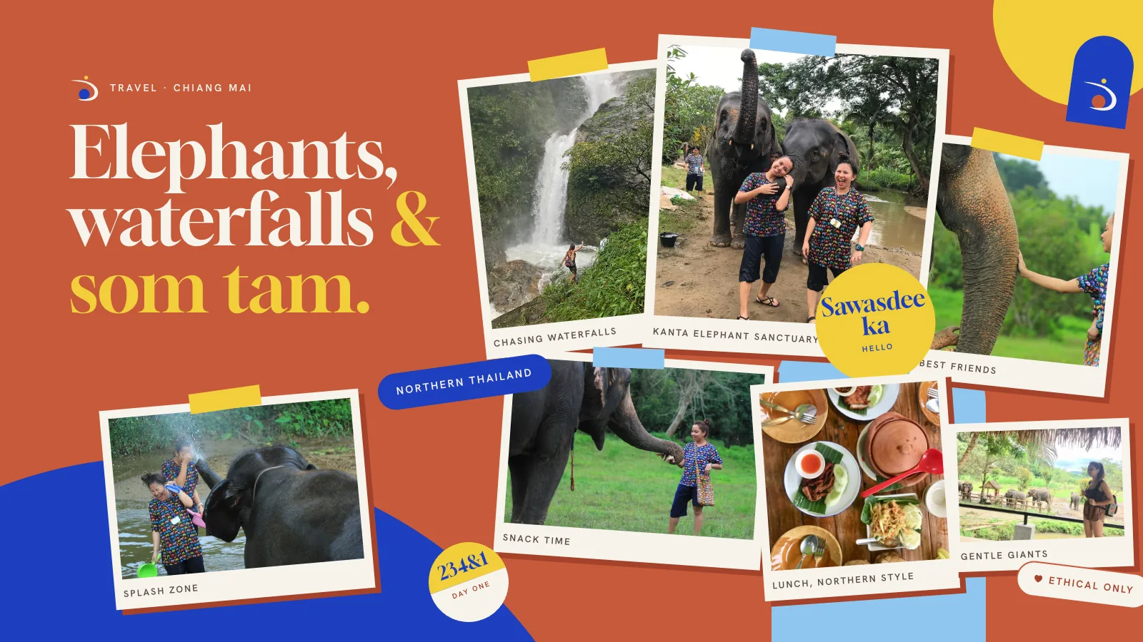 Elephants, waterfalls and som tam: a collage of photos from Chiang Mai, with Dee and Kimy at Kanta Elephant Sanctuary, a jungle waterfall and a northern Thai lunch