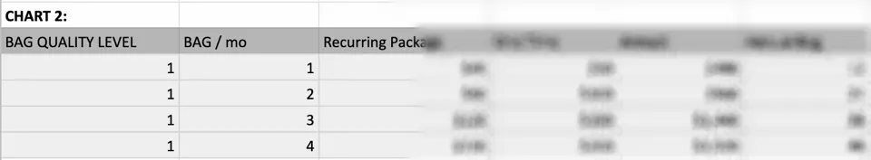 Pricing model chart 2: tiers by number of bags per month