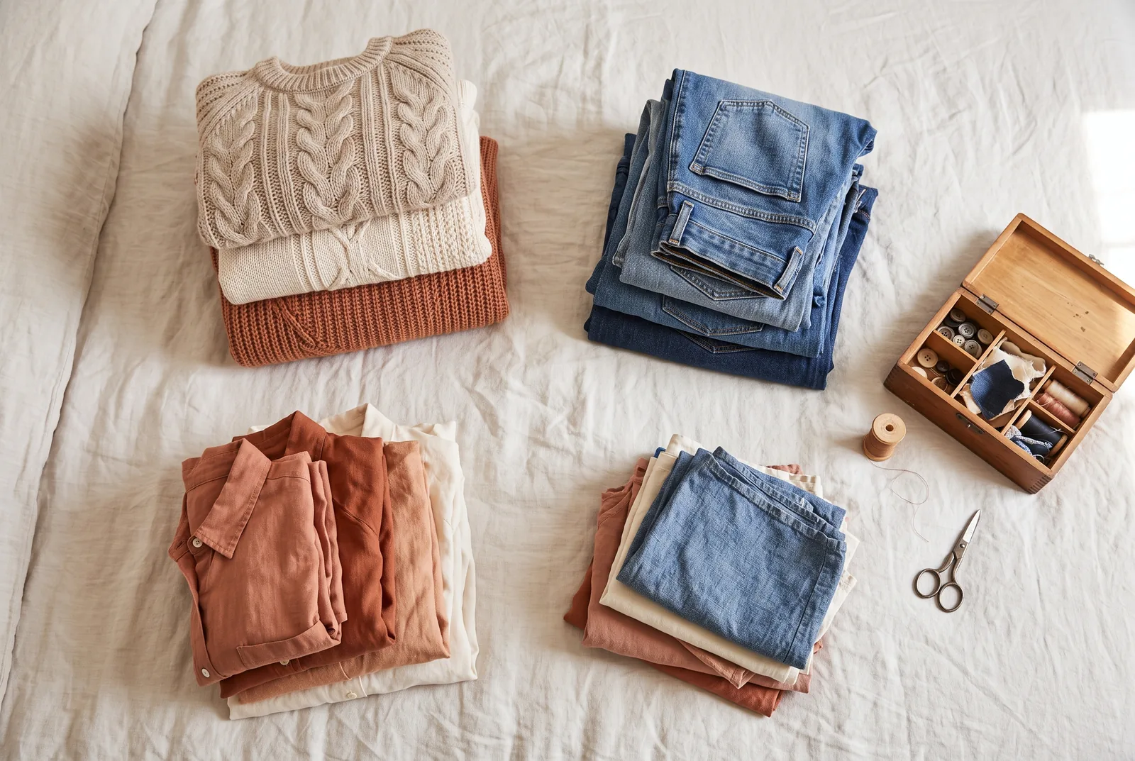Folded knitwear, denim, linen shirts and a wooden sewing box laid out in sorted piles on a pale linen bedspread