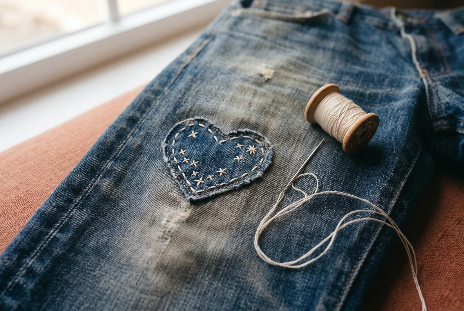 A pair of worn jeans with a heart-shaped denim patch stitched on in cream thread, a wooden spool of thread and a needle beside it