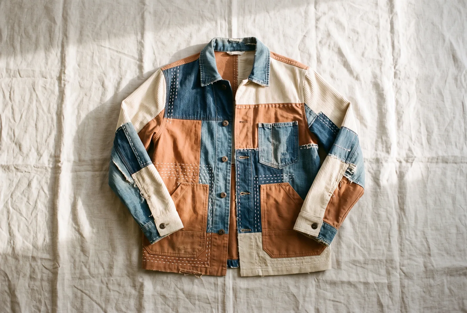A patchwork jacket made from scraps of denim, rust-coloured canvas and cream corduroy, joined with visible white stitching, laid flat on a linen sheet