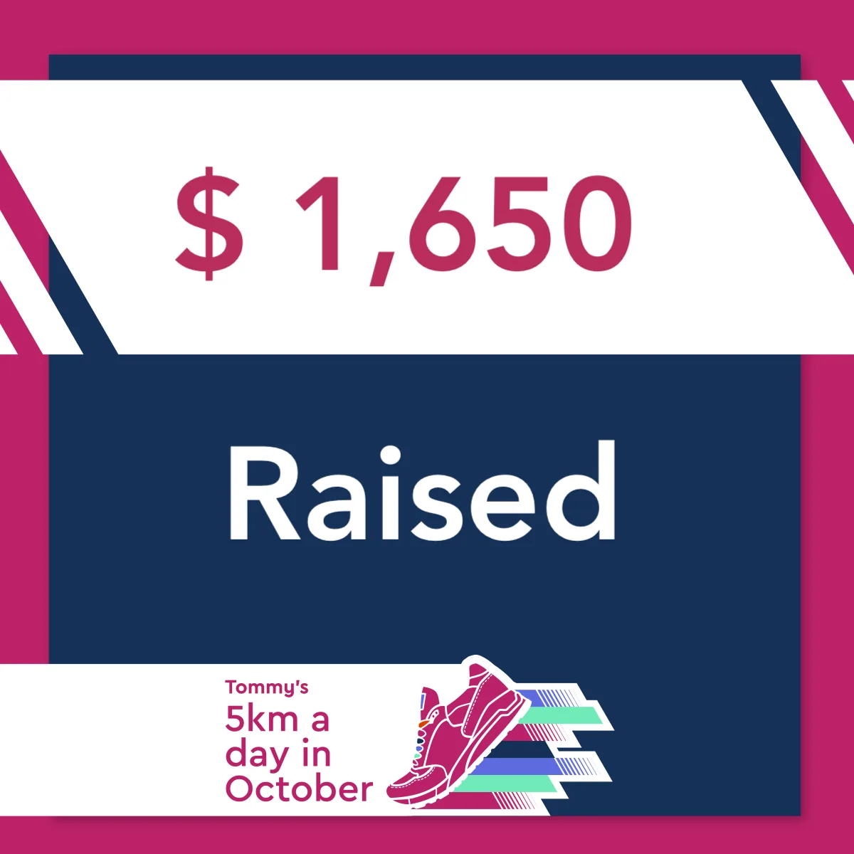 Tommy’s 5km a day in October graphic: $1,650 raised