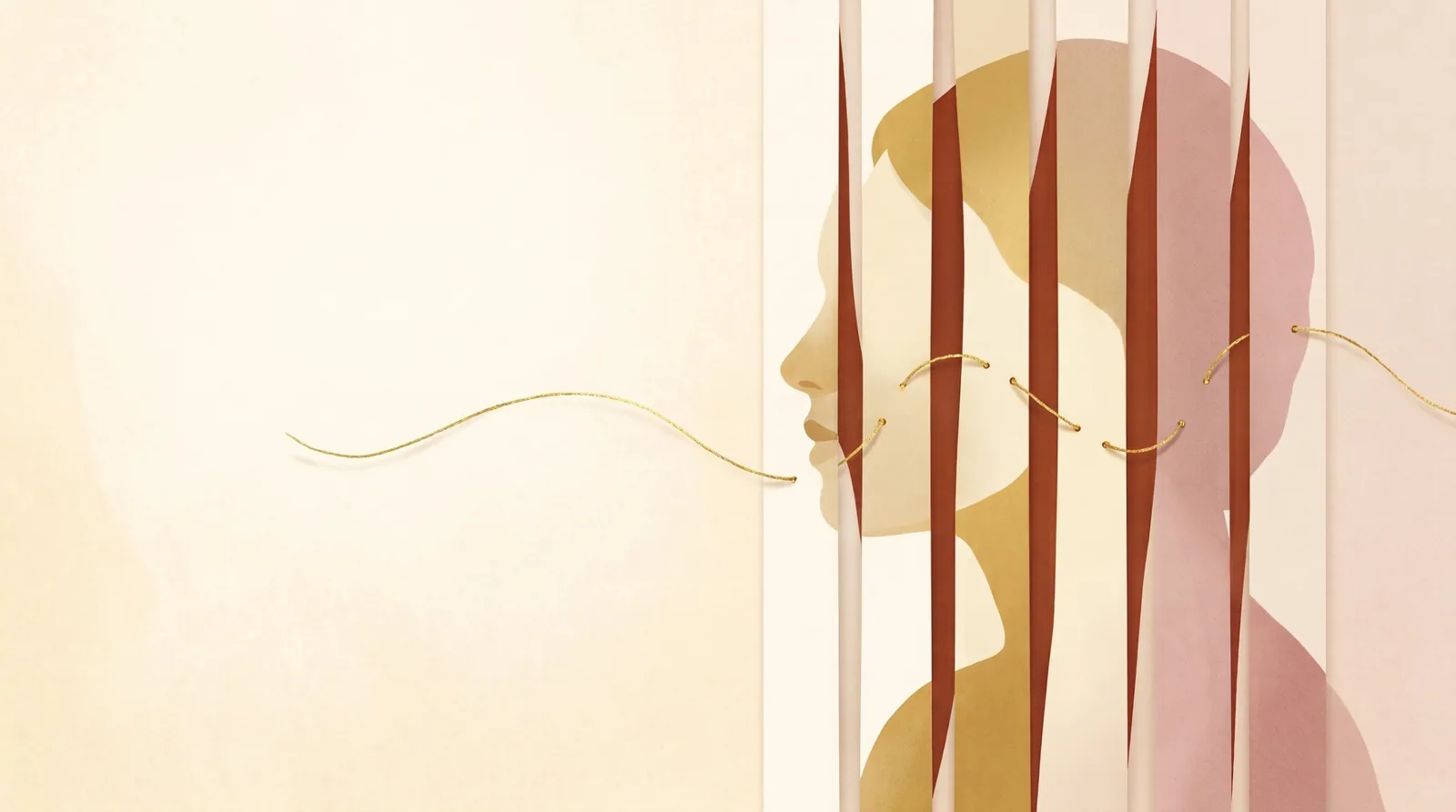 Illustration of a woman’s profile split by vertical slats, with a gold thread stitching the slices together