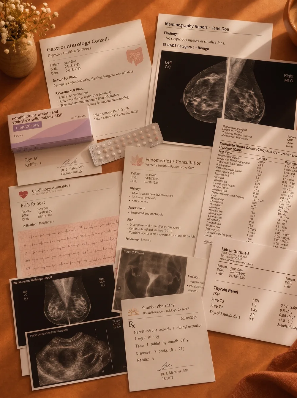 A table covered in separate medical records: gastroenterology, cardiology and endometriosis consults, mammograms, an ultrasound, blood and thyroid panels, and prescriptions