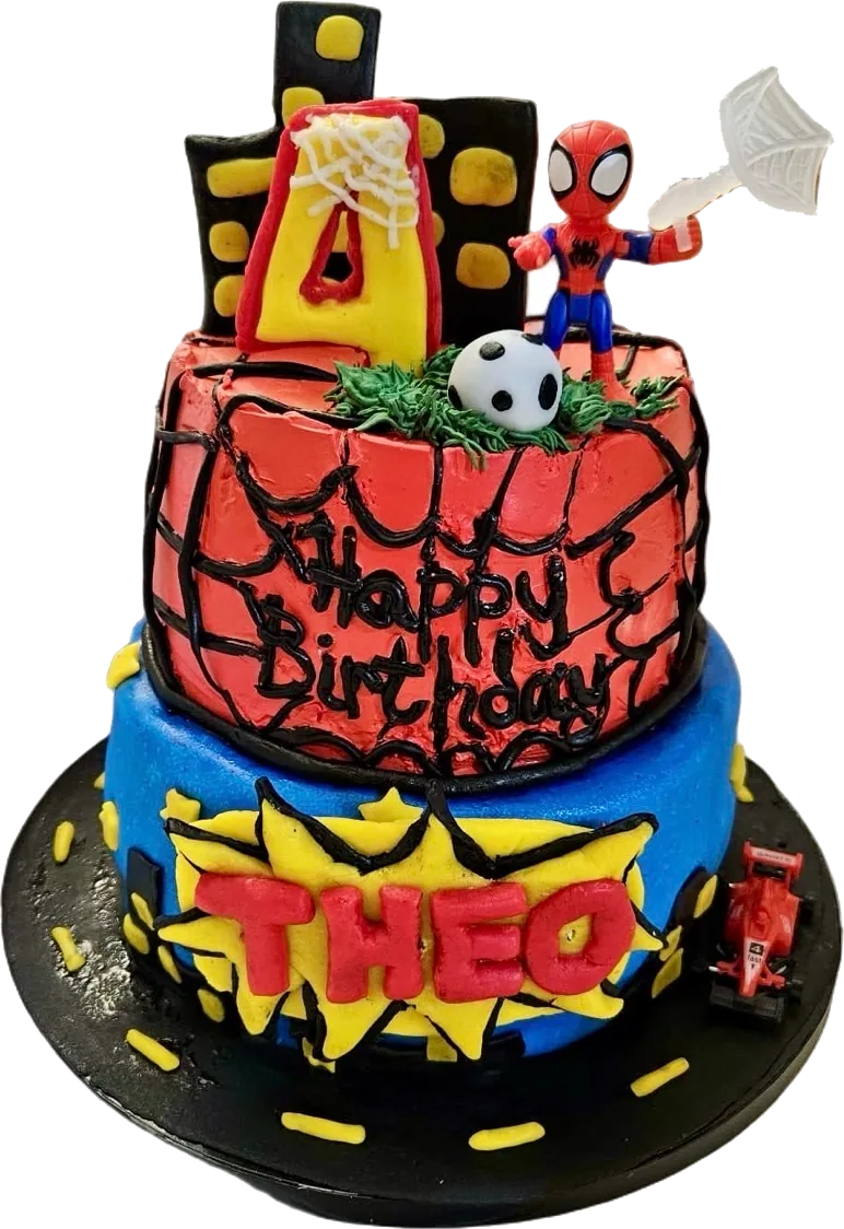 A two-tier Spidey birthday cake
