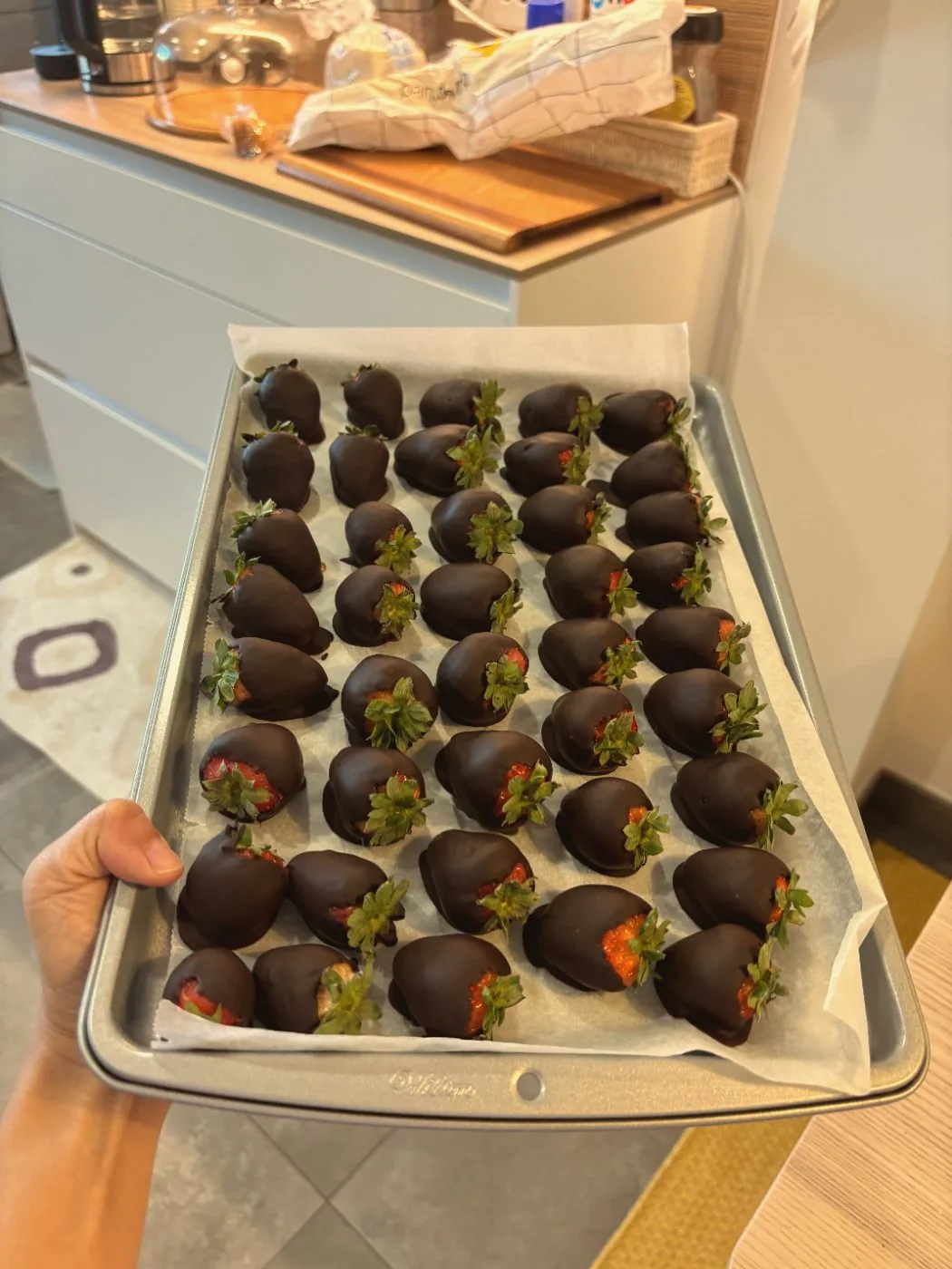A tray of chocolate-dipped strawberries