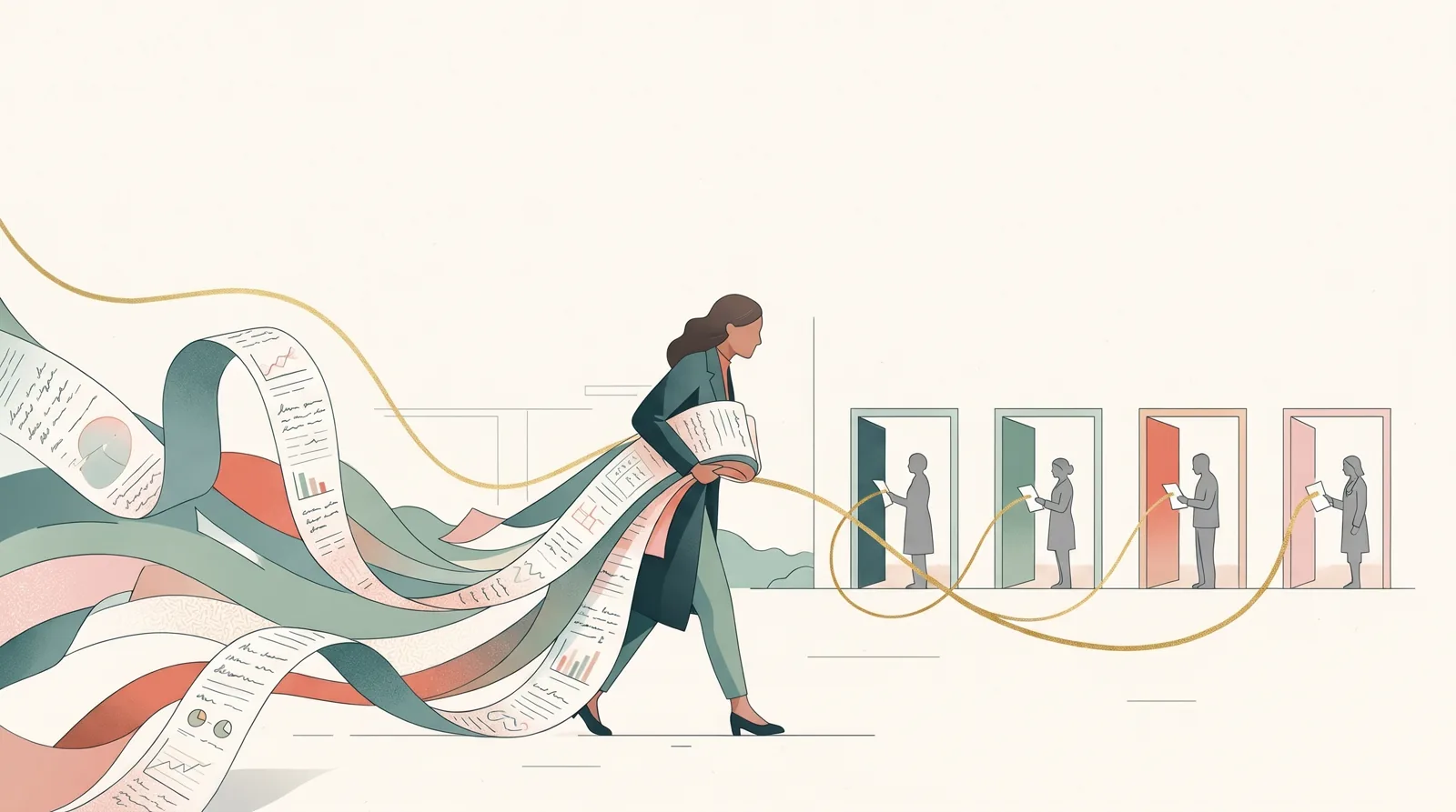 Illustration of a woman carrying long ribbons of her own medical records, a gold thread trailing to four doctors in separate doorways, each holding a single page