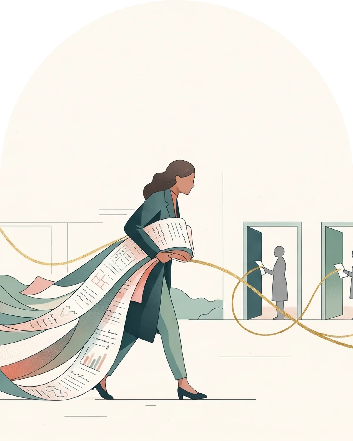 Illustration of a woman carrying long ribbons of her own medical records, a gold thread trailing to four doctors in separate doorways