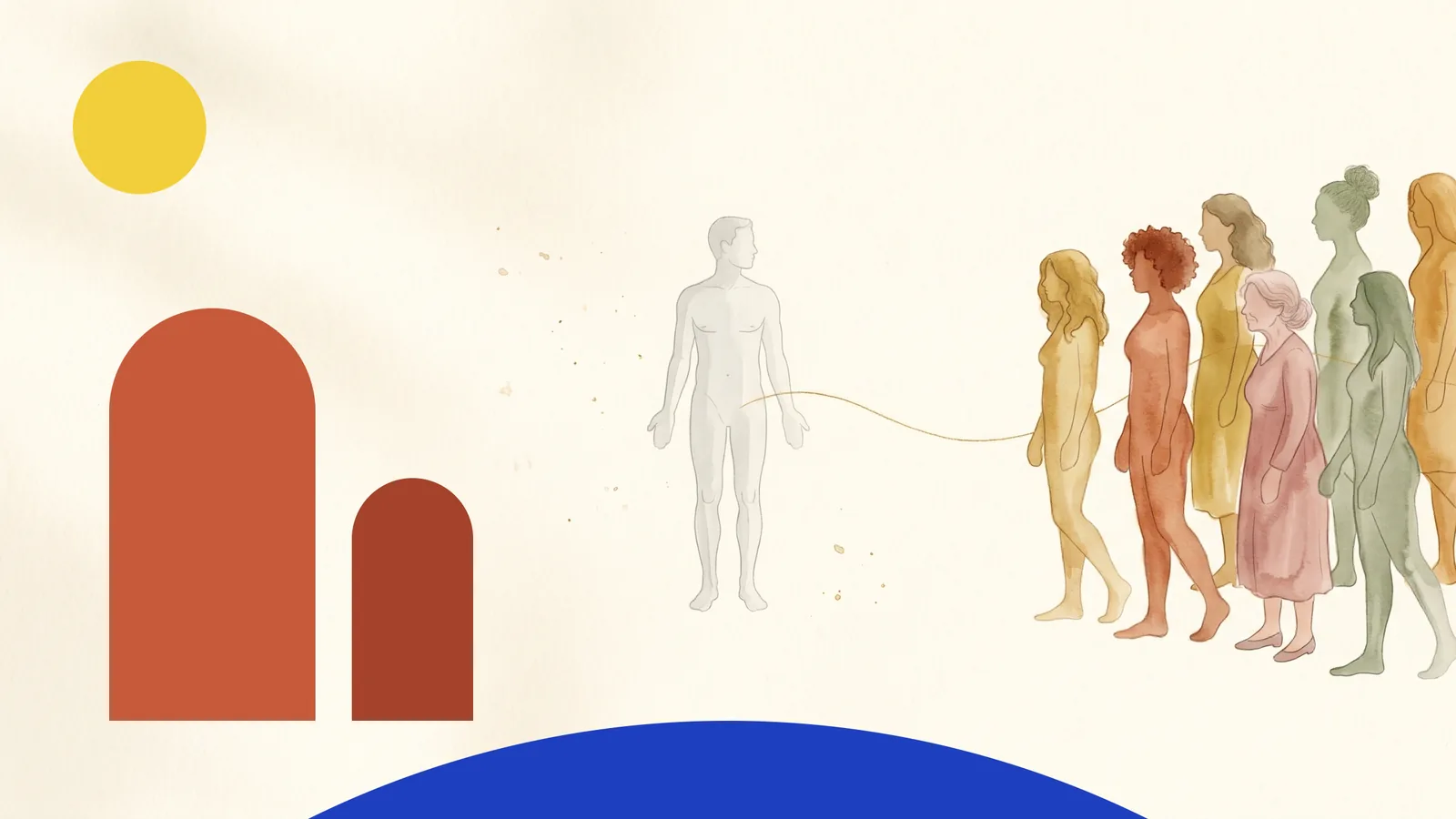 Illustration of a single generic silhouette beside a diverse group of women, joined by a thin gold thread