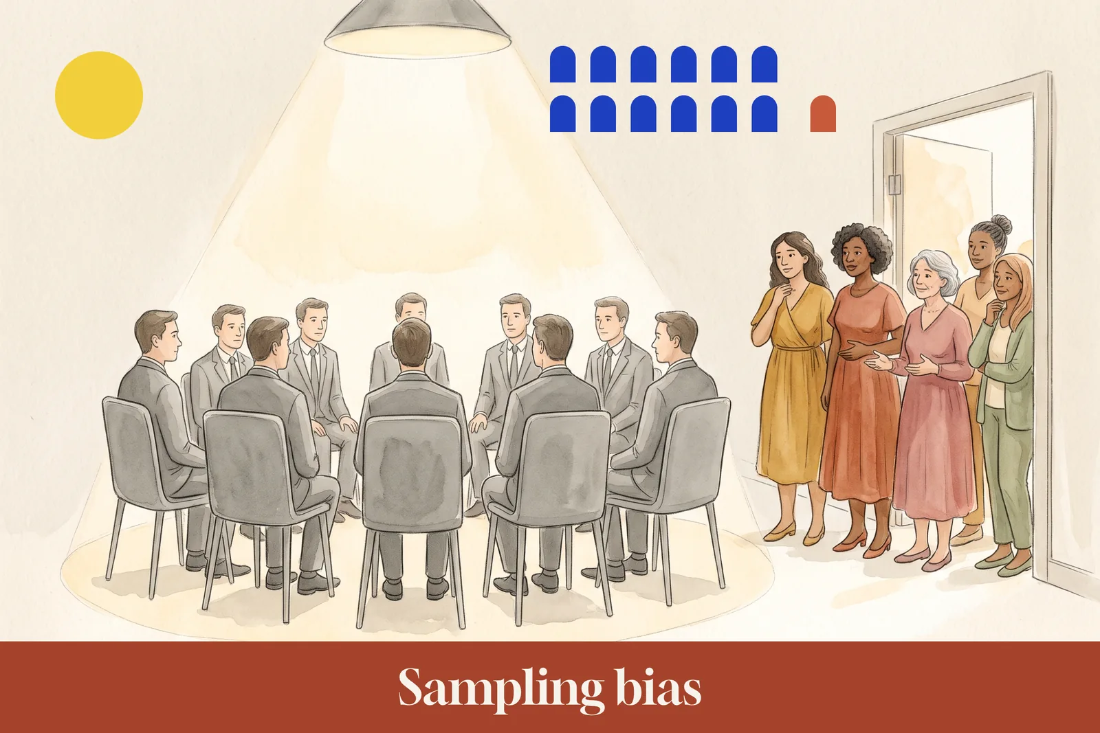 Illustration of sampling bias: a research group of men in gray suits sits in a circle of light while a diverse group of women waits at the open door