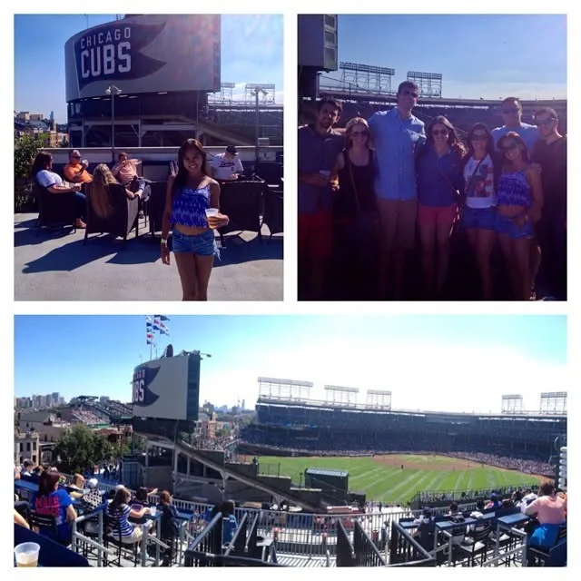 Collage: Dee and friends on a rooftop overlooking Wrigley Field