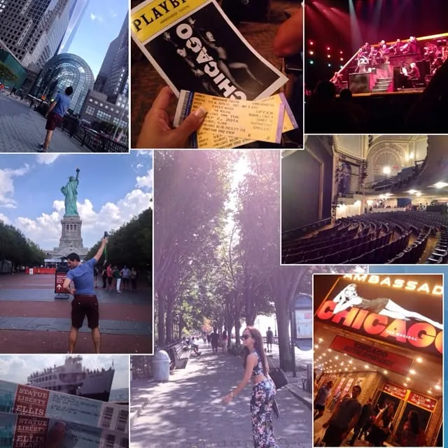 Collage: the Statue of Liberty, Chicago on Broadway and a leafy New York path